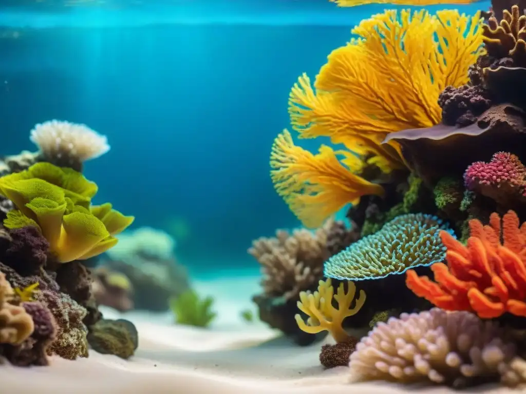 Arrecife de coral vibrante y diverso en acuario cristalino Un vibrante arrecife de coral con peces coloridos y formaciones intrincadas, en un acuario de agua salada