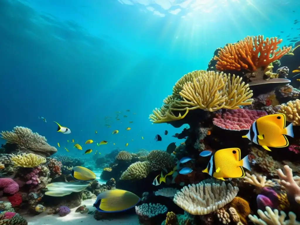Arrecife de coral vibrante: un mundo submarino colorido y fascinante Un vibrante arrecife de coral con peces de agua salada, iluminado por la luz del sol