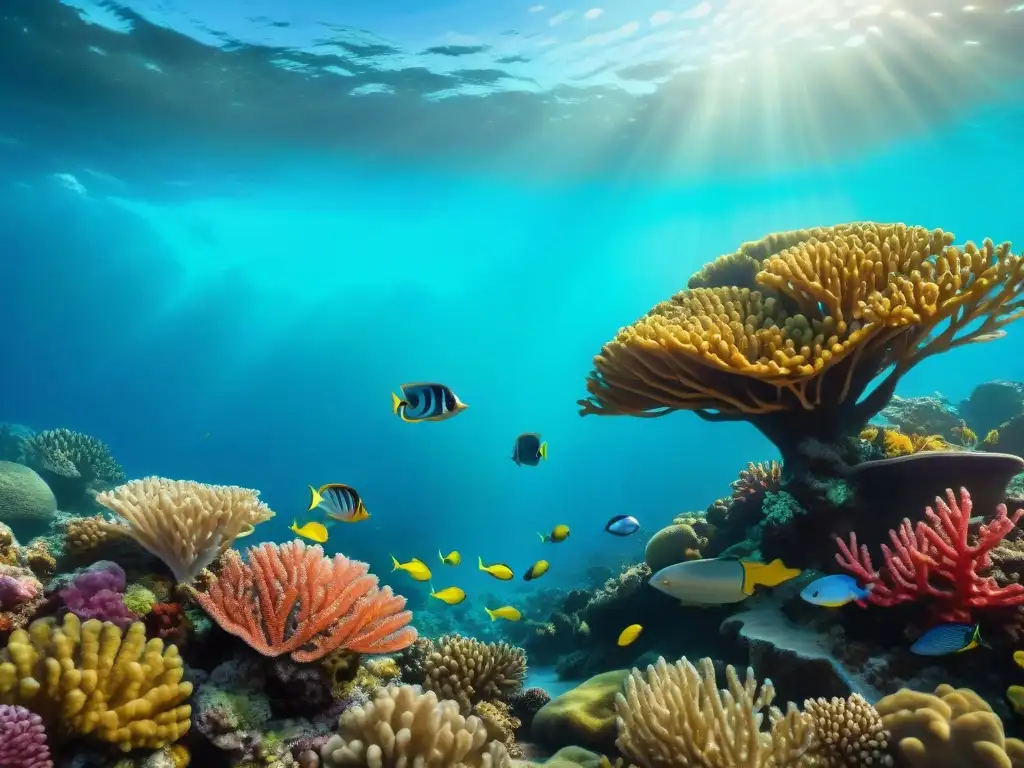 Bello arrecife de coral submarino con peces exóticos Un vibrante arrecife de coral submarino con peces marinos exóticos en su hábitat natural