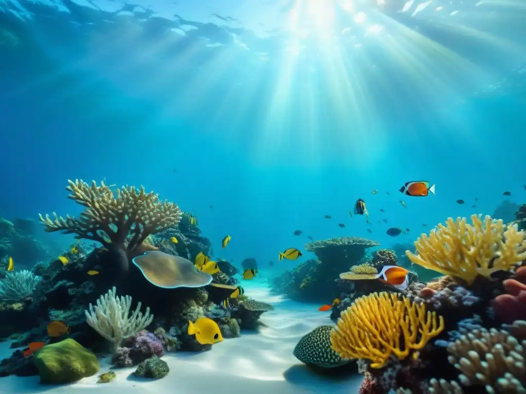 Arrecife de coral exótico: vida marina en detalle Un vibrante arrecife de coral submarino con peces exóticos, iluminado por la luz del sol