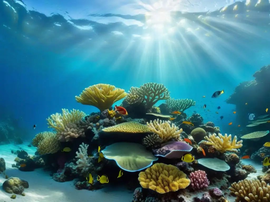 Arrecife de coral vibrante con peces exóticos: detalle ultrarrealista Un vibrante arrecife de coral submarino lleno de peces exóticos, bañado por la luz del sol