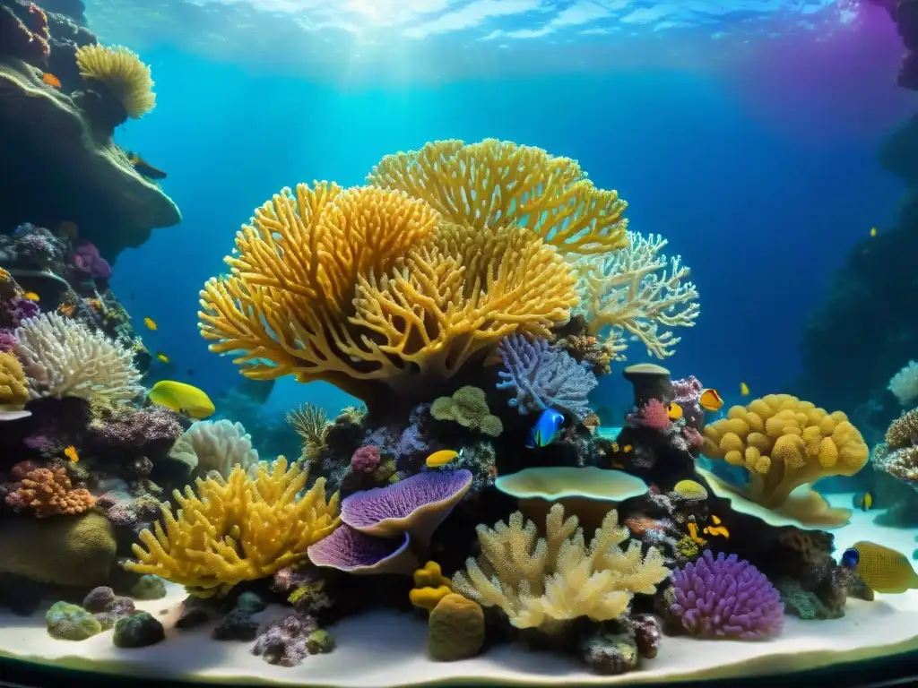 Arrecife de coral vibrante: detalle ultrarrealista Un vibrante arrecife coralino en un acuario, exhibiendo una variedad de especies en formas, tamaños y colores