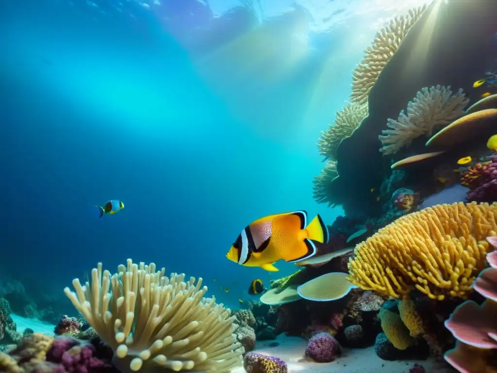 Maravilloso arrecife de coral con peces exóticos en 8k Un vibrante arrecife tropical con peces exóticos bajo el agua
