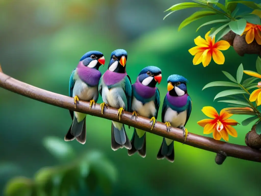 Fotorealista bandada de Psitaciformes en la selva tropical Vibrante bandada de Psitaciformes en un bosque tropical, mostrando cambios en su comportamiento