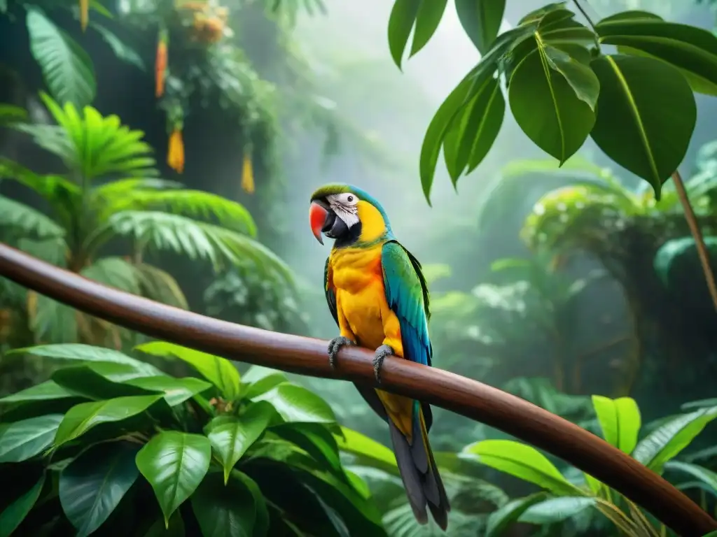 Selva tropical exuberante: fauna exótica en su hábitat natural Un vibrante bosque tropical lleno de vida silvestre exótica, resaltando la diversidad y belleza de los animales en su hábitat natural