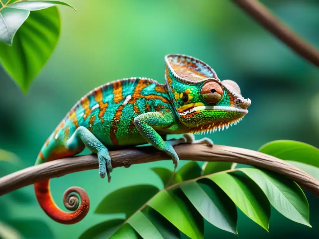 Camaleón vibrante acechando insecto: detalle fotorealista Un camaleón vibrante y detallado en una rama, alerta ante un insecto