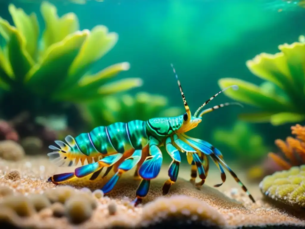 Acuario vibrante: Mantis shrimp en detalle Un vibrante ecosistema de acuario con coloridos camarones mantis