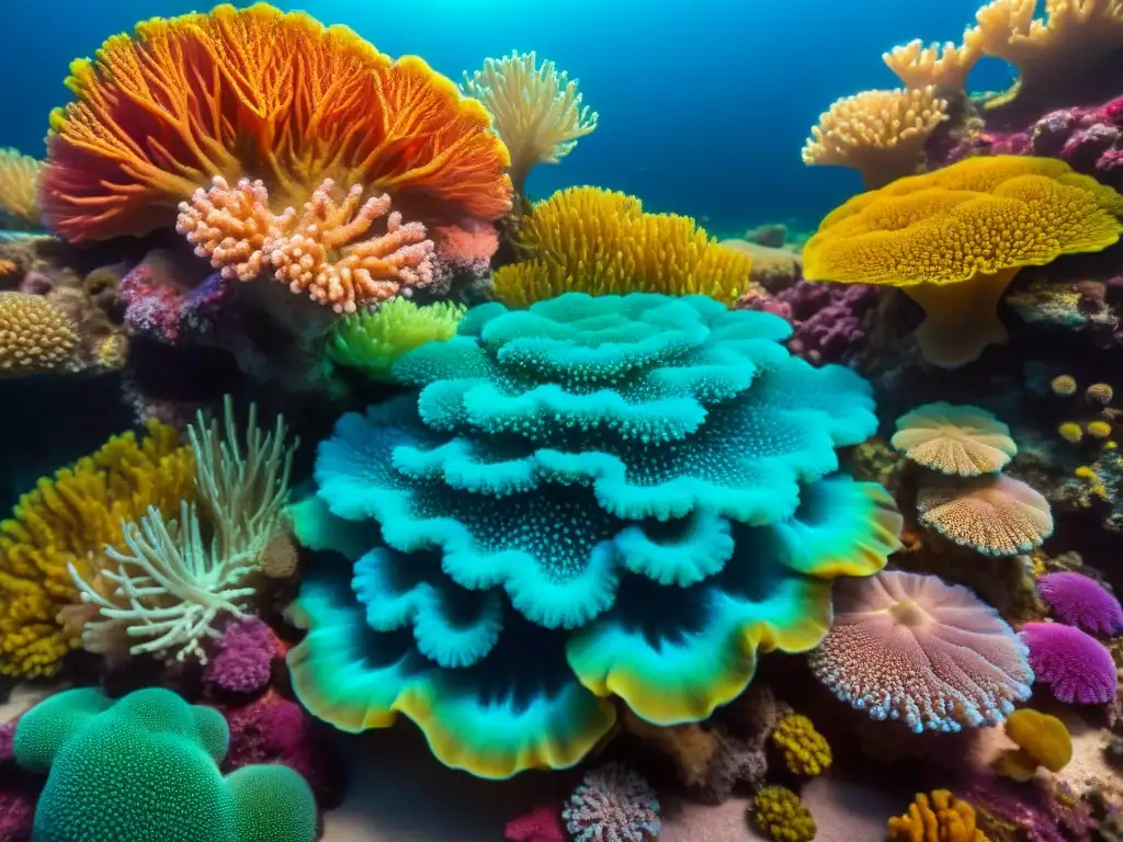 Arrecife de coral vibrante: detallado y realista Un vibrante ecosistema de arrecife de coral con corales LPS y SPS cuidados, lleno de vida marina colorida bajo el sol