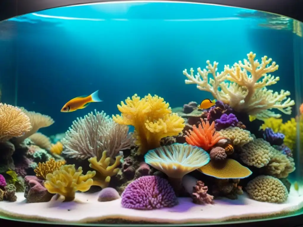 Arrecife de coral vibrante y diverso en acuario casero Un vibrante ecosistema de arrecife de coral en un acuario casero, cuidados corales acuario mascotas exóticas
