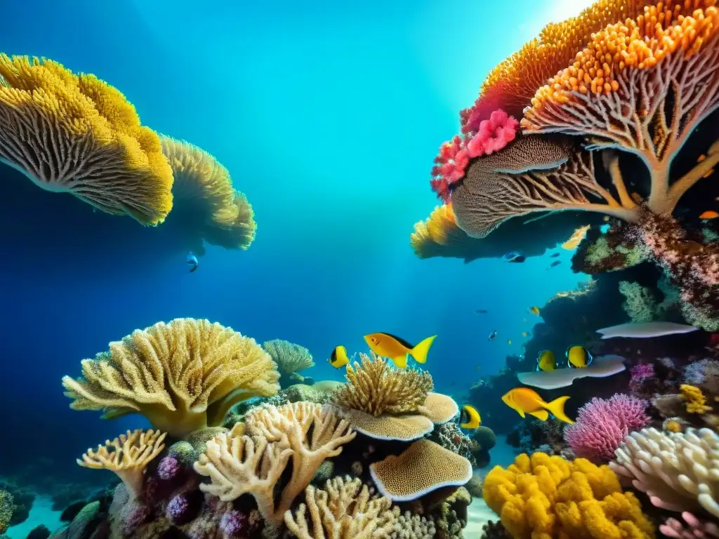 Un vibrante ecosistema de arrecifes de coral blando y duro en un fondo marino colorido y sereno