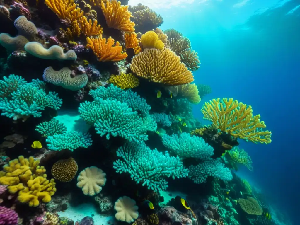 Un vibrante ecosistema submarino de arrecife de coral, con corales duros en una mezcla de colores y formas
