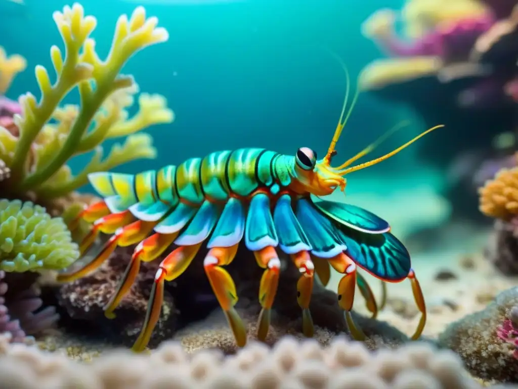 Mantis Shrimp: Belleza y diversidad en arrecife submarino Un vibrante ecosistema submarino lleno de camarones mantis y arrecifes de coral