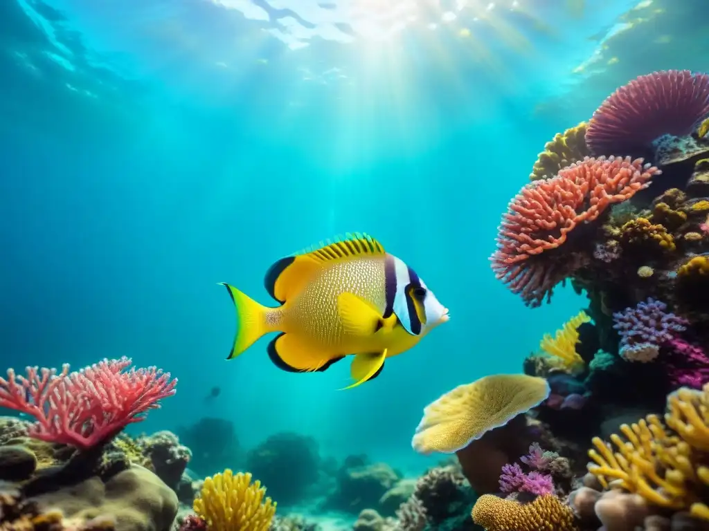 Maravilloso ecosistema submarino en arrecife de coral tropical Un vibrante ecosistema submarino con peces exóticos entre corales coloridos
