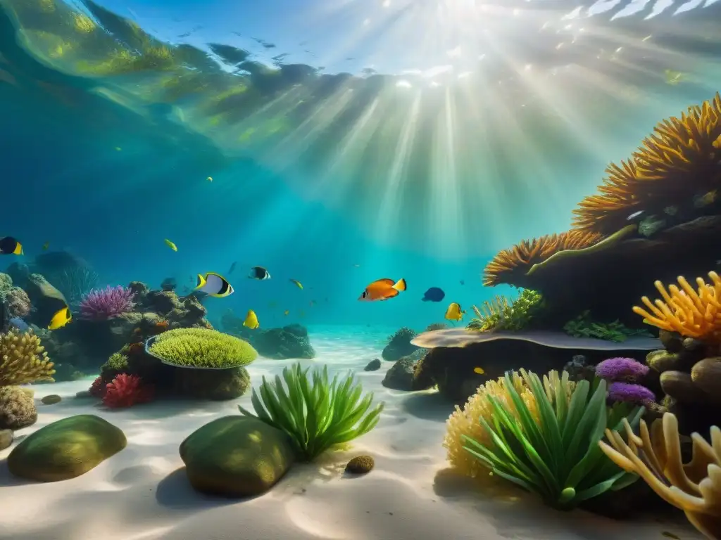 Maravilloso ecosistema submarino vibrante con peces exóticos en detalle Un vibrante ecosistema submarino repleto de peces exóticos coloridos y plantas acuáticas exuberantes