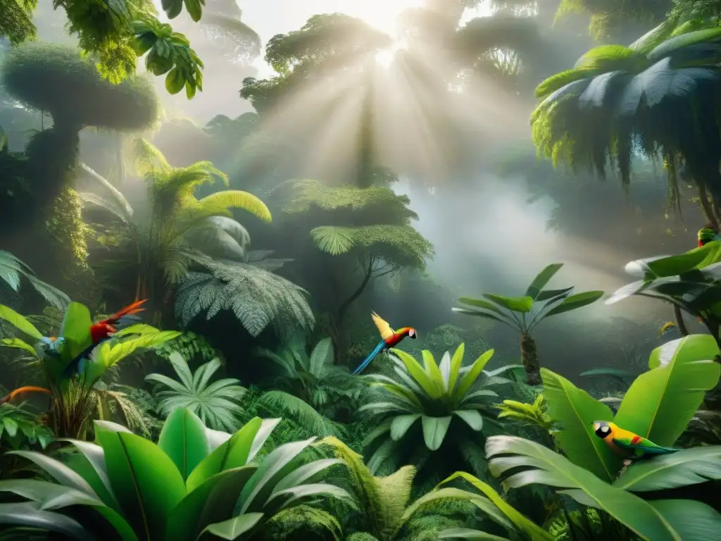 Un vibrante escenario de selva con animales exóticos como loros, monos, jaguares y reptiles