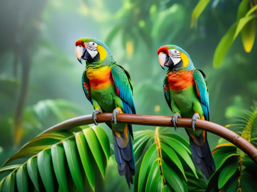 Un vibrante grupo de loros exóticos en su hábitat natural, mostrando el comportamiento territorial loros exóticos