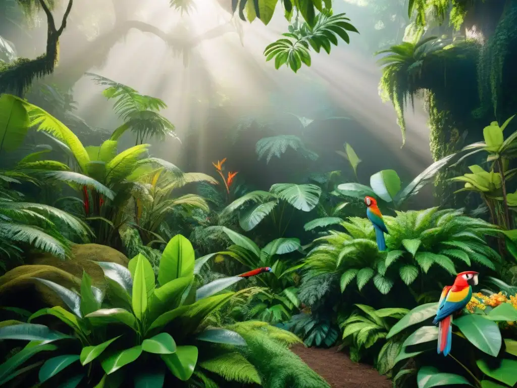 Un vibrante hábitat de selva tropical con exóticas mascotas