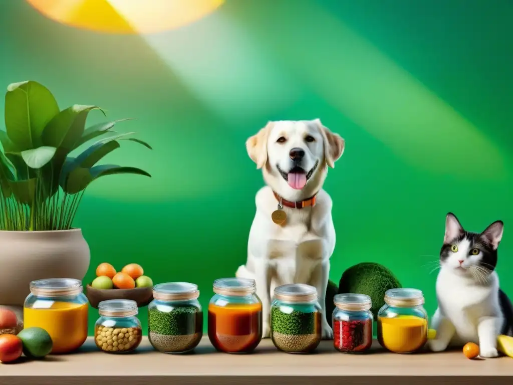 Nutrición holística para mascotas: vitalidad y bienestar Un jardín vibrante con mascotas sanas rodeadas de vitaminas y suplementos, transmitiendo vitalidad