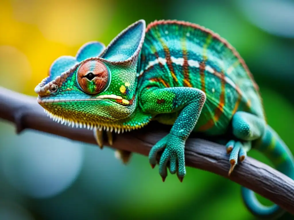 Camaleón vibrante en rama: detalle y misterio Camaleón vibrante en rama, curioso y alerta