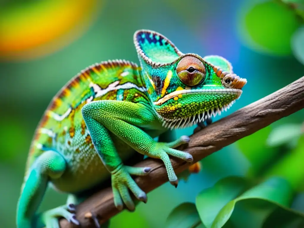Un camaleón vibrante en rama con escamas iridiscentes capturando la luz del sol