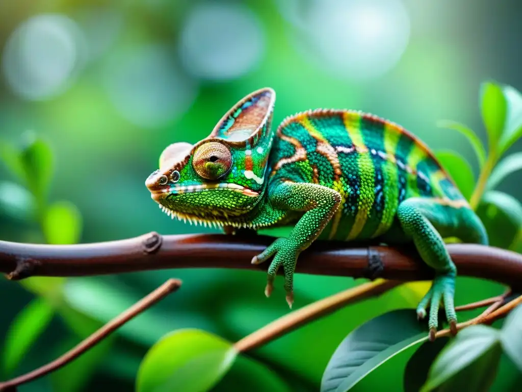 Camaleón vibrante en rama tropical: detalle fotorealista Camaleón vibrante en rama tropical, detallado y realista