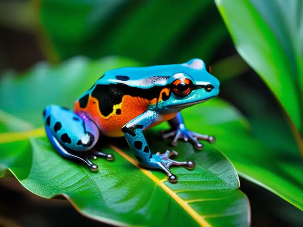 Bella rana venenosa en selva exuberante Vibrante rana venenosa aferrada a una hoja en la selva