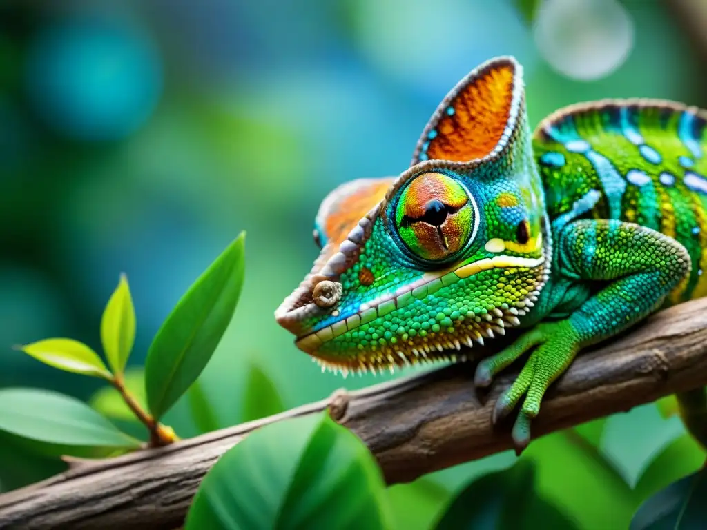 Camaleón vibrante en rama: colorido y realista Un camaleón vibrante en la selva, con colores de verde, amarillo y azul