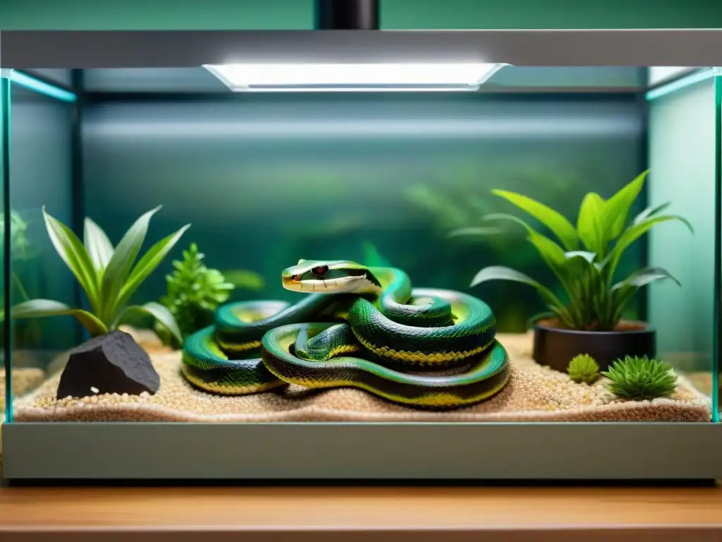 Terrarios de serpientes: diseño único para cada especie Vibrantes terrarios para serpientes en tienda de mascotas moderna, transmitiendo profesionalismo y cuidado