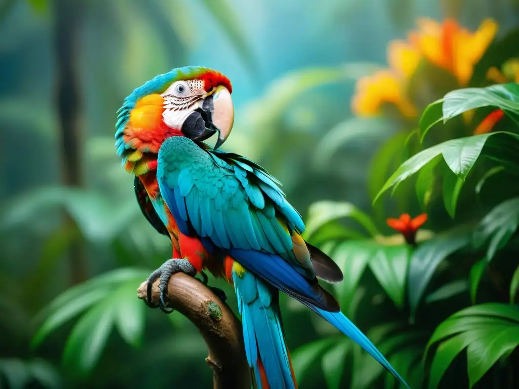 Un vínculo único entre humano y animal: una persona sostiene un majestuoso guacamayo rojo y azul en un exuberante bosque tropical