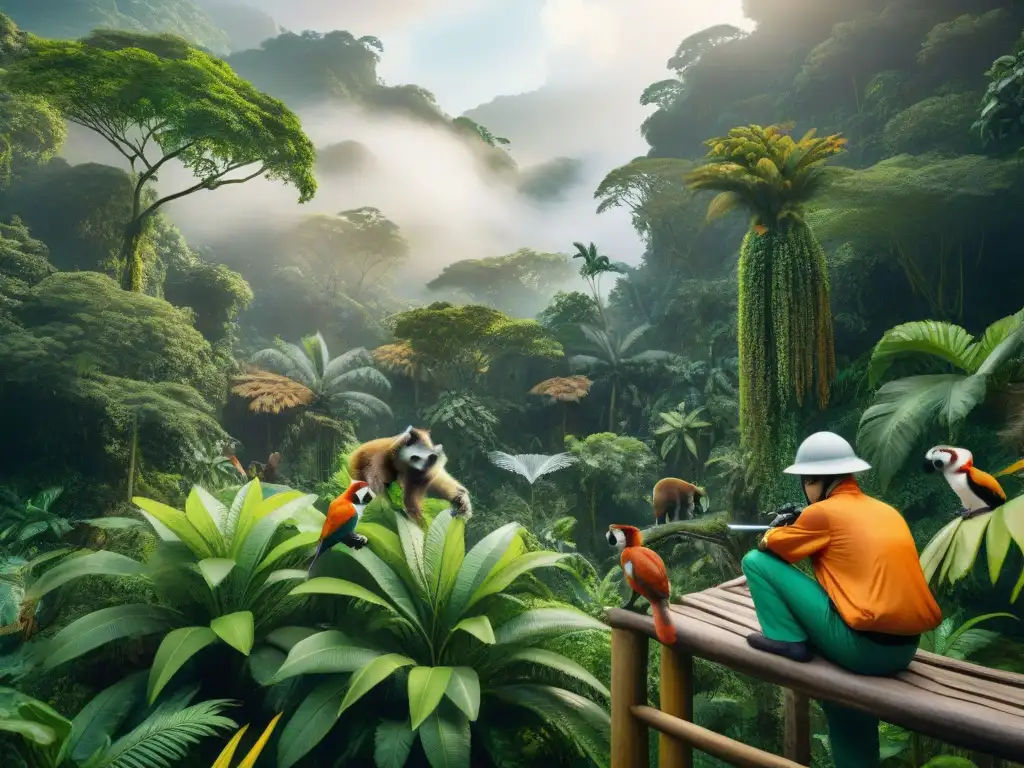 Interacción armónica: voluntarios y animales salvajes en la selva Voluntariado en mundo silvestre con mascotas exóticas en una selva vibrante