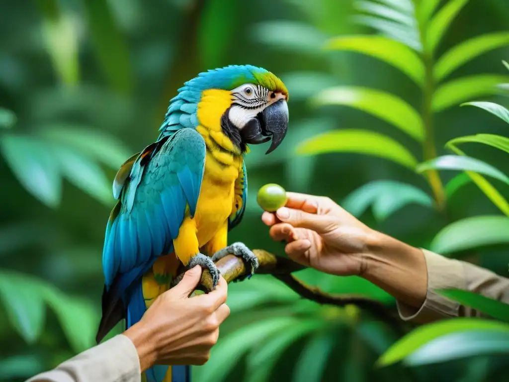 Voluntario alimenta a guacamayo en la selva Un voluntario alimenta con delicadeza a un guacamayo azul y amarillo en la selva, en una escena de conservación de mascotas exóticas