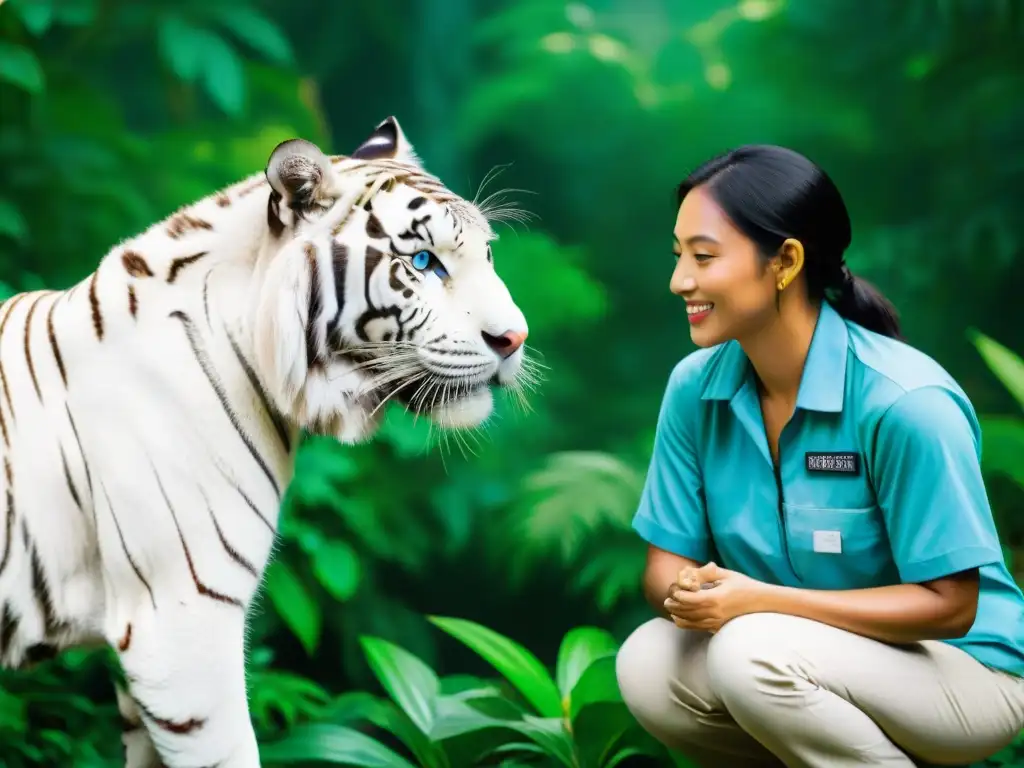 Encuentro mágico: Voluntario y tigre blanco en santuario tropical Un voluntario conecta con un majestuoso tigre blanco en un santuario de conservación tropical