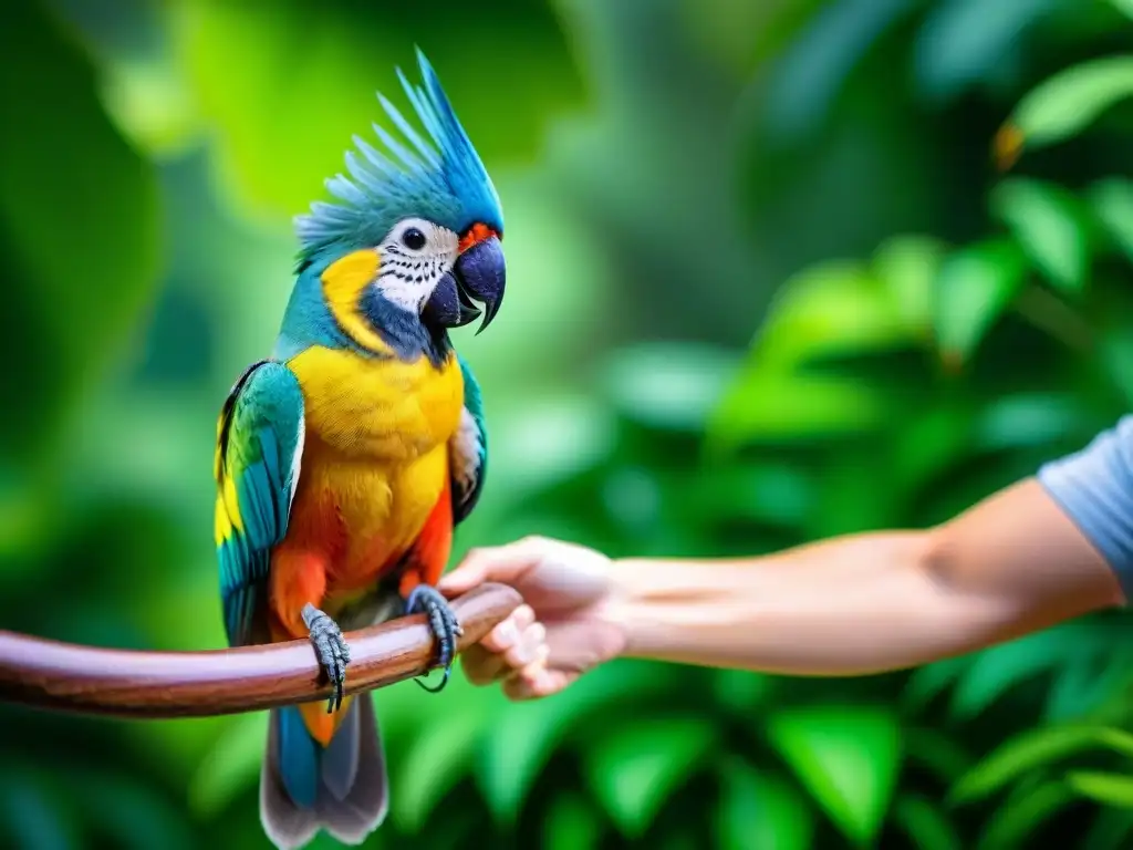 Voluntario alimentando a colorido pájaro exótico en santuario tropical Un voluntario alimenta con ternura a un ave exótica en un santuario tropical